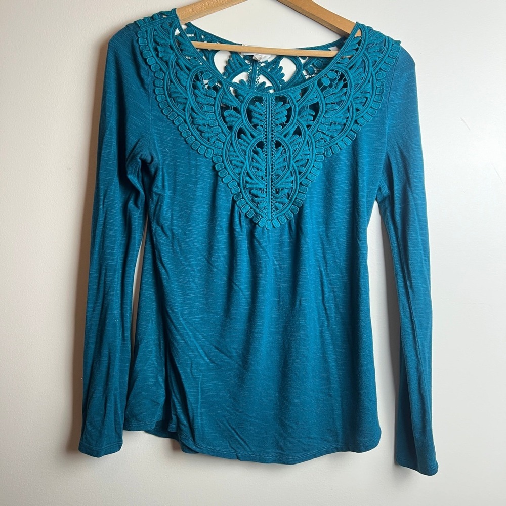 Meadow Rue Teal Blue Crochet Lace Yoke Boho Slub Knit Top XS